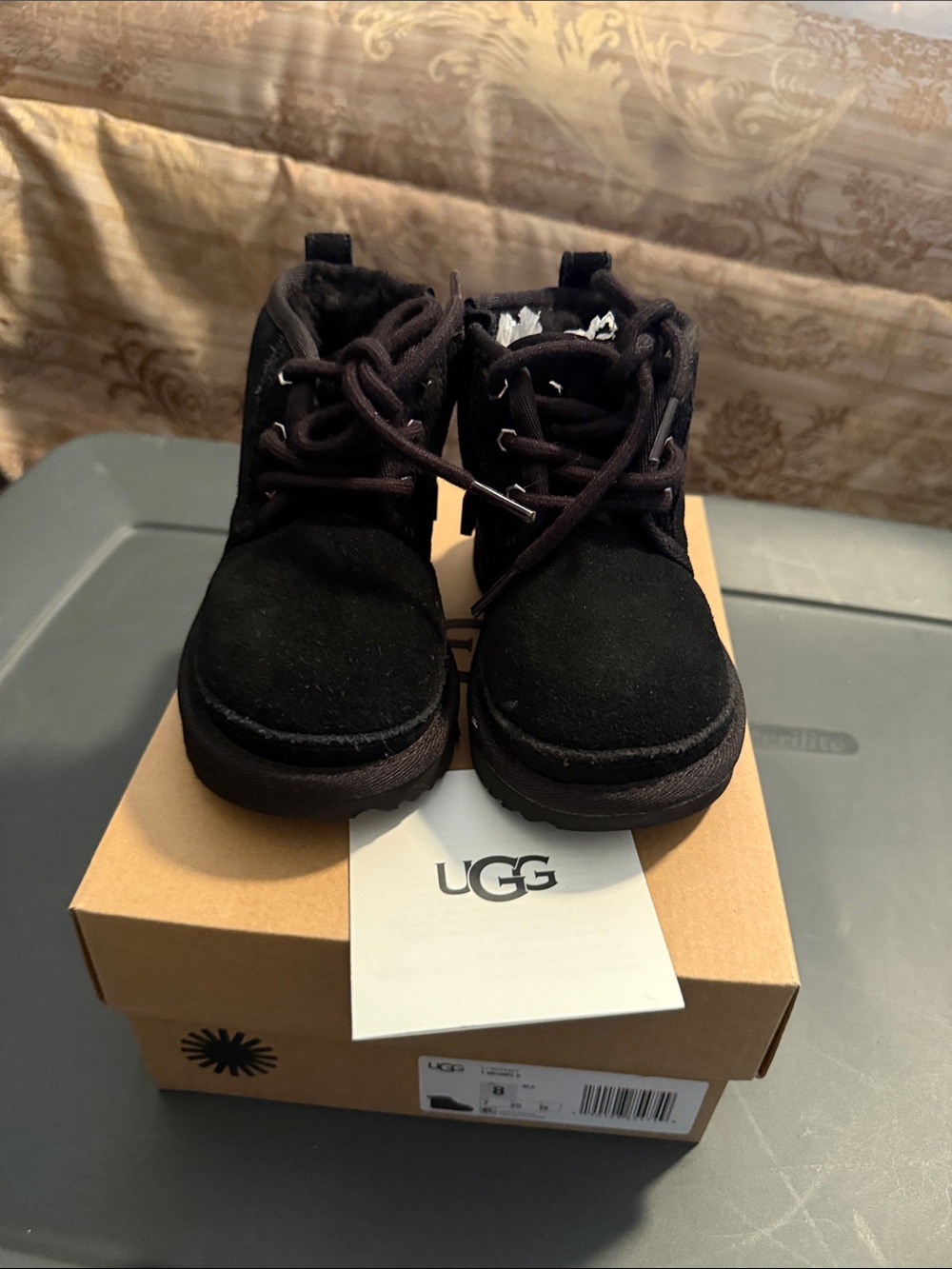 UGG Kids Black Suede Lace-Up Ankle Boots with Cozy Lining